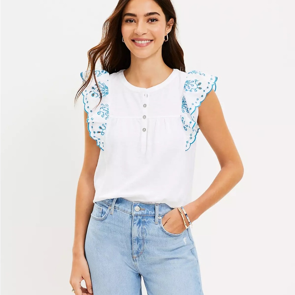LOFT Eyelet Flutter Henley Mixed Media Top Women’s Size Medium